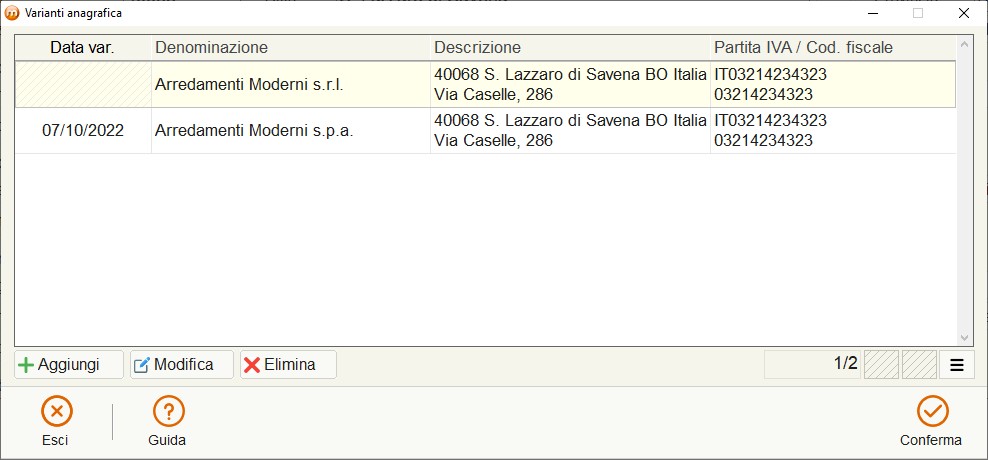 Lista varianti anagrafica