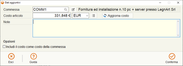 Finestra di inserimento/modifica dati aggiuntivi
