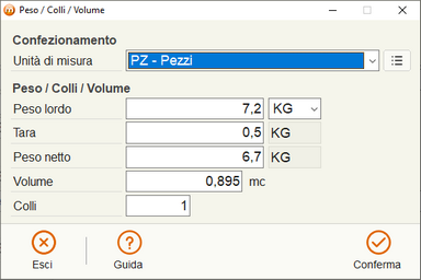 Finestra modica peso / colli / volume