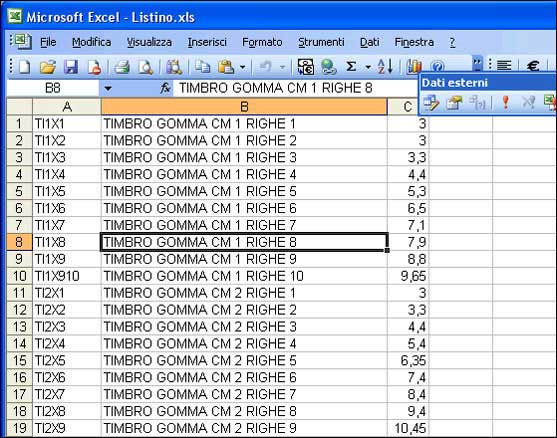 Listino prezzi excel